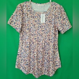 New M Fantaslook Women Tunic Top Casual Henley Short Sleeve Shirt Floral Blouse